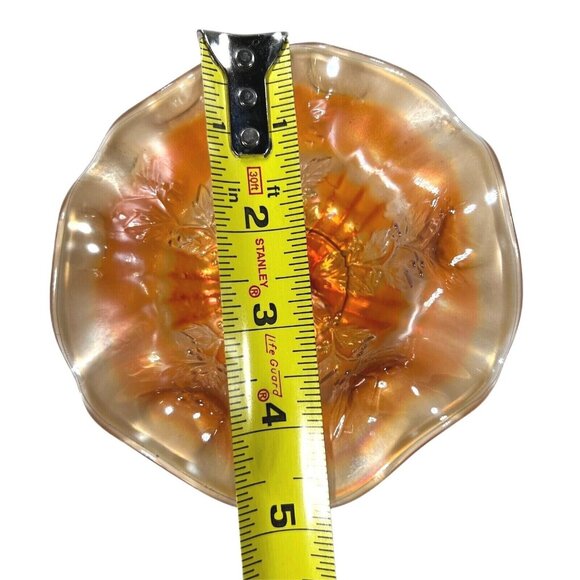 Footed Marigold Carnival Glass Footed Compote Holly & Berry 4" tall 4.75" wide - Picture 7 of 10